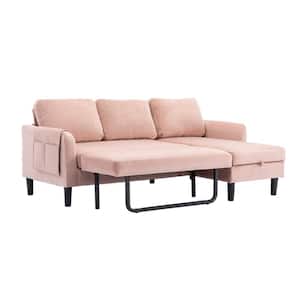 73 in. Modern Pink Velvet Reversible Sleeper Sectional Sofa Bed with Side Pocket and Storage Chaise