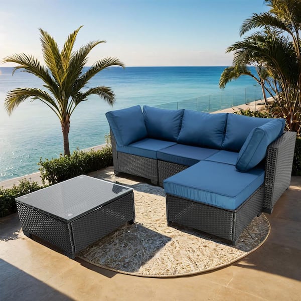 Unbranded Dark Coffee 5-Piece Wicker Outdoor Sectional Set, Patio Rattan Sofa Set with Peacock Blue Cushions for Garden, Backyard