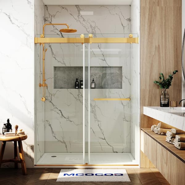 MCOCOD 66-72.75 in. W x 76 in. H Double Sliding Frameless Soft Close Shower Door in Brushed Gold with 3/8 in. Clear Glass