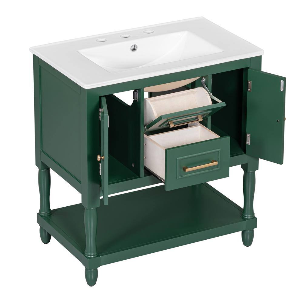 30 in. W x 18 in. D x 32 in. H Green Bathroom Vanity Cabinet with White Cer