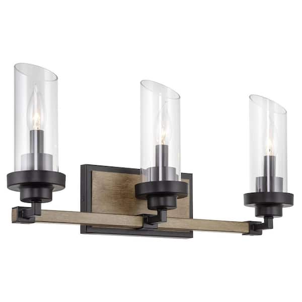 Kira Home Sierra 22 in. 3-Lights Black with Smoked Birch Wood Style Farmhouse Bathroom Vanity Light