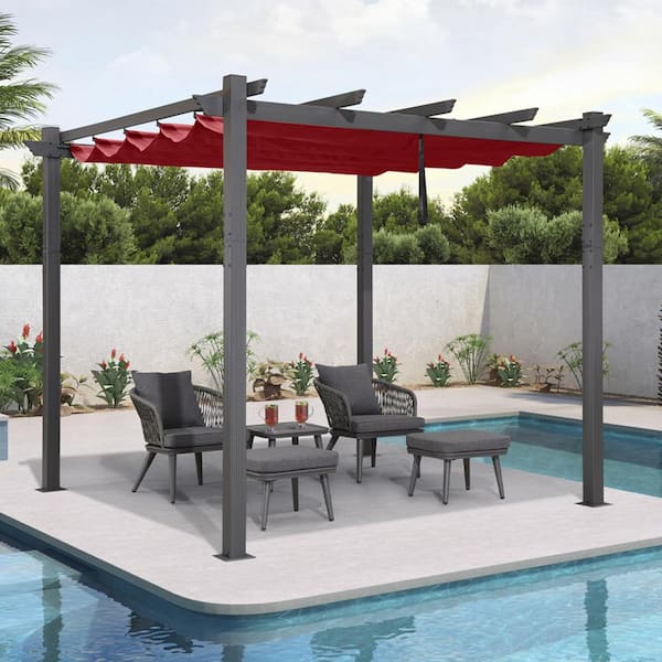 10 ft. W x 10 ft. D Modern Gray Aluminum Pergola with Red Adjustable UV Resistant Sun Shelter Canopy for Outdoor Porch