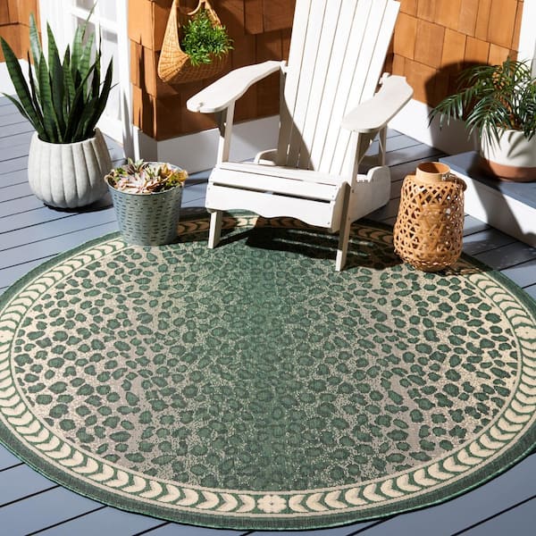 Courtyard 7 ft. x 7 ft. Dark Green/Ivory Oriental Indoor/Outdoor Round Rug