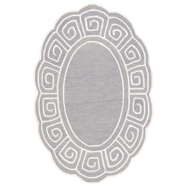 Novelty 6 ft. x 9 ft. Gray/Ivory Swirl Border Oval Area Rug