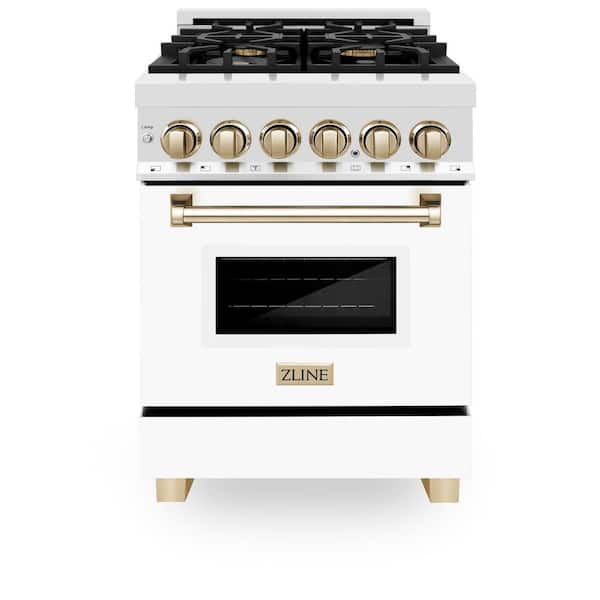 ZLINE Kitchen and Bath Autograph Edition 24 in. 4 Burner Dual Fuel Range in Stainless Steel, White Matte and Polished Gold