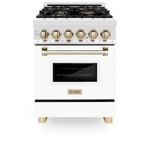 Autograph Edition 24 in. 4 Burner Dual Fuel Range in Stainless Steel, White Matte and Polished Gold