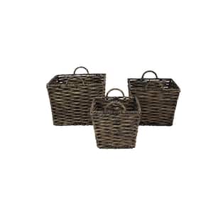 Large Square Water Hyacinth Wicker Dark Brown Storage Baskets (Set of 3)