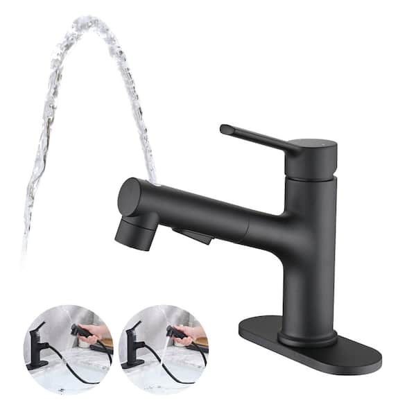 YASINU Single Handle 1 or 3-Hole Bathroom Faucet with Deckplate Included and Pull Out Sprayer in Matte Black
