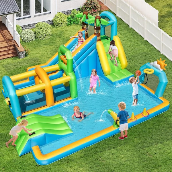 Inflatable Water Park with Climbing Wall Basketball Rim Target Game Without Blower