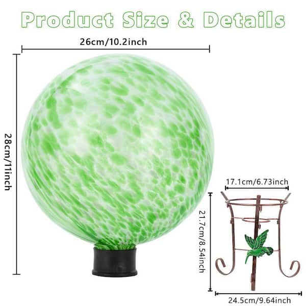 OGETFUUR 10 in. Decorative Garden Green Glass Gazing Ball, Solar
