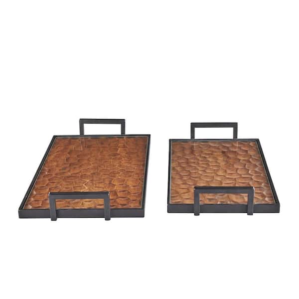 Litton Lane Brown Handmade in Wood Carved Pebbled Bottom Decorative Tray with Black handles (Set of 2)