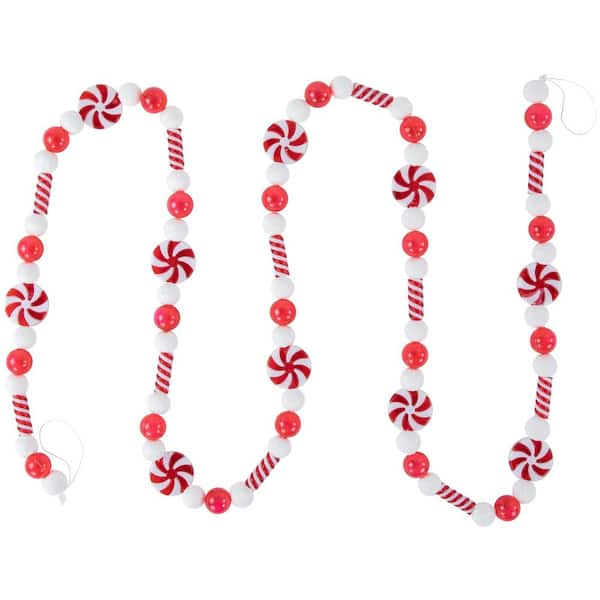6 ft. Red and White Beaded Peppermint Candy Christmas Garland Unlit