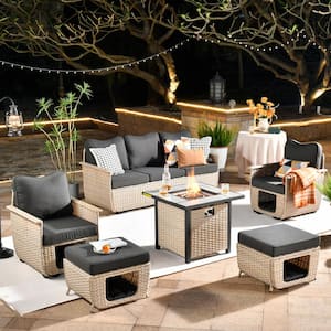 Hera 6-Piece Beige Wicker Outdoor Patio Fire Pit Seating Sofa Set with Black Cushions