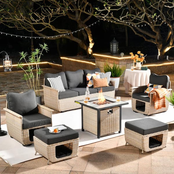 XIZZI Hera 6-Piece Beige Wicker Outdoor Patio Fire Pit Seating Sofa Set with Black Cushions