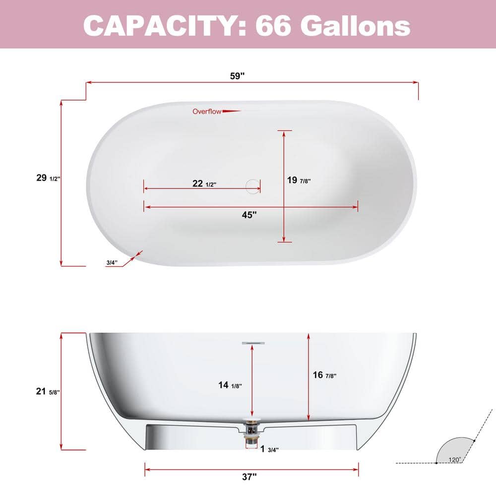 59" White Acrylic Freestanding Soaking Bathtub with Drain