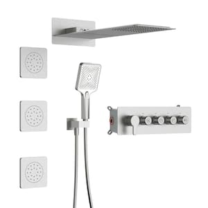 3-Jet Rectangular Wall Mount Shower System with With Handheld and Body Spray Thermostatic Massage Jets in Brushed Nickel