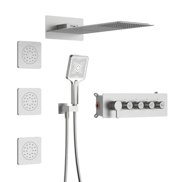 GIVING TREE 3-Jet Rectangular Wall Mount Shower System with With Handheld and Body Spray Thermostatic Massage Jets in Brushed Nickel