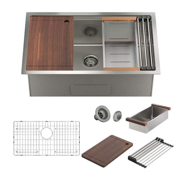 CASAINC Stainless Steel Sink 30 in. 16-Gauge Single Bowl Undermount Workstation Kitchen Sink with Accessories in Nano Brushed