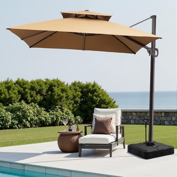 Pellebant 2-Tier Top 11.5 ft. Square Aluminum Cantilever Offset Tilt 360° Rotation Patio Umbrella in Tan with 300 lbs. Base Stand