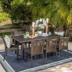 Mackenzie Multi-Brown 9-Piece Faux Rattan Rectangular Outdoor Dining Set with Stacking Chairs