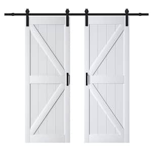 60 in. x 84 in. White Primed K-Shape MDF Double Sliding Barn Door with Hardware Kit and Soft Close