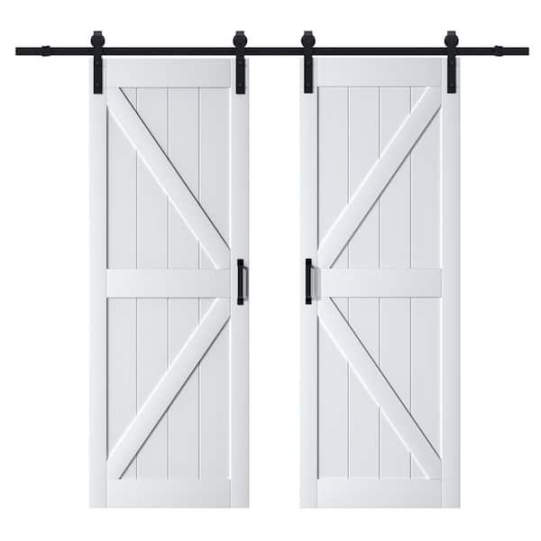 ARK DESIGN 60 in. x 84 in.（Two 30 in. Slabs）White Primed K-Shape MDF Double Sliding Barn Door with Hardware Kit
