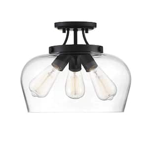 Octave 13 in. W x 11 in. H 3-Light Black Semi-Flush Mount Ceiling Light with Clear Glass Shade