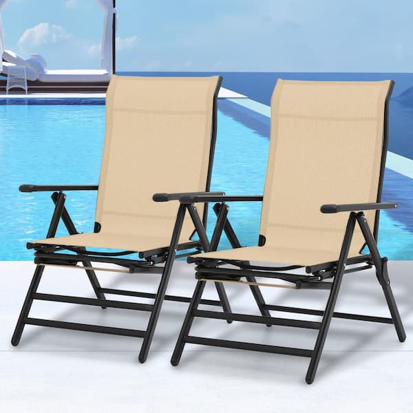 Set of 2 Patio Cream Metal Outdoor Chaise Lounge Adjustable Recliner Foldable Lawn Chair with Retractable Footrest