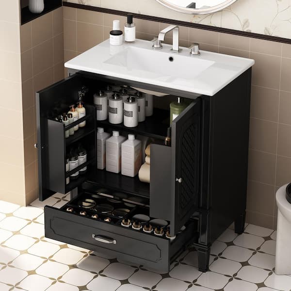 30.1 in. W x 18.5 in. D x 34.1 in. H Single Sink Freestanding Bath Vanity in Black with White Ceramic Top