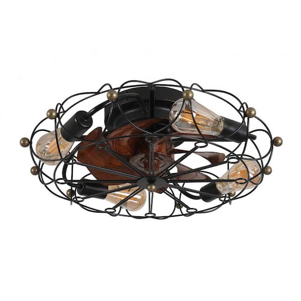 20 in. Brown Low Profile Caged Ceiling Fan with Light Remote Control, Embedded Modern Industrial Ceiling Fan
