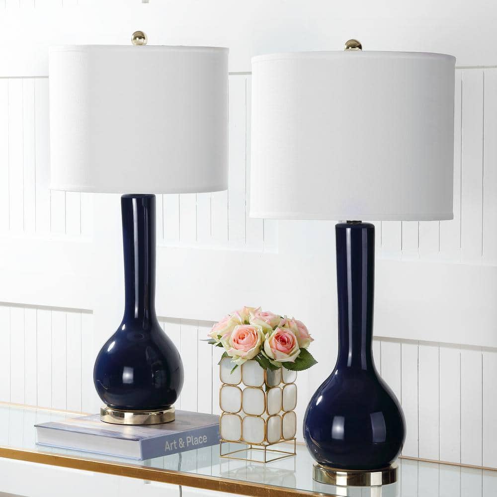 Navy Ceramic Long Neck Table Lamp Set with White Shade