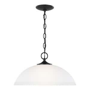 Geary 1-Light Midnight Black Pendant with Satin Etched Glass Shade and LED Light Bulb