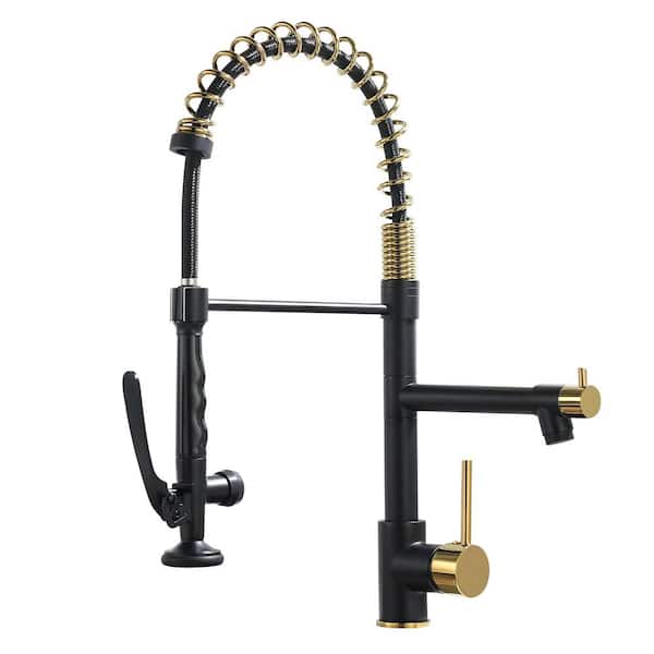 PERLIRIA INC Spring Single Handle Pull Down Sprayer Kitchen Faucet, Commercial Kitchen Sink Faucet in Matte Black and Gold Color