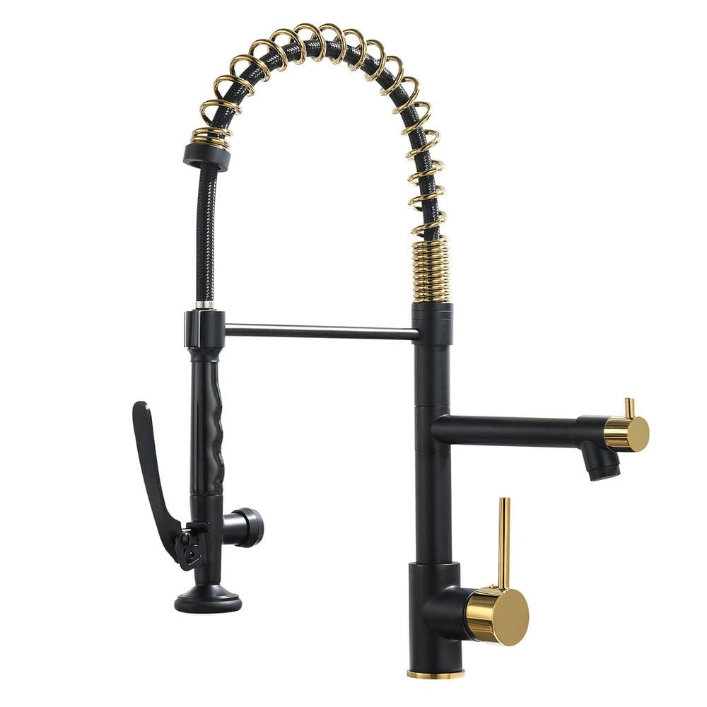  Spring Single Handle Pull Down Sprayer Kitchen Faucet, Commercial Kitchen Sink Faucet in Matte Black and Gold Color