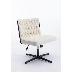 Velvet Adjustable Height Ergonomic Office Chair Armless Swivel Chair Wide Seat Chair in White without Wheels