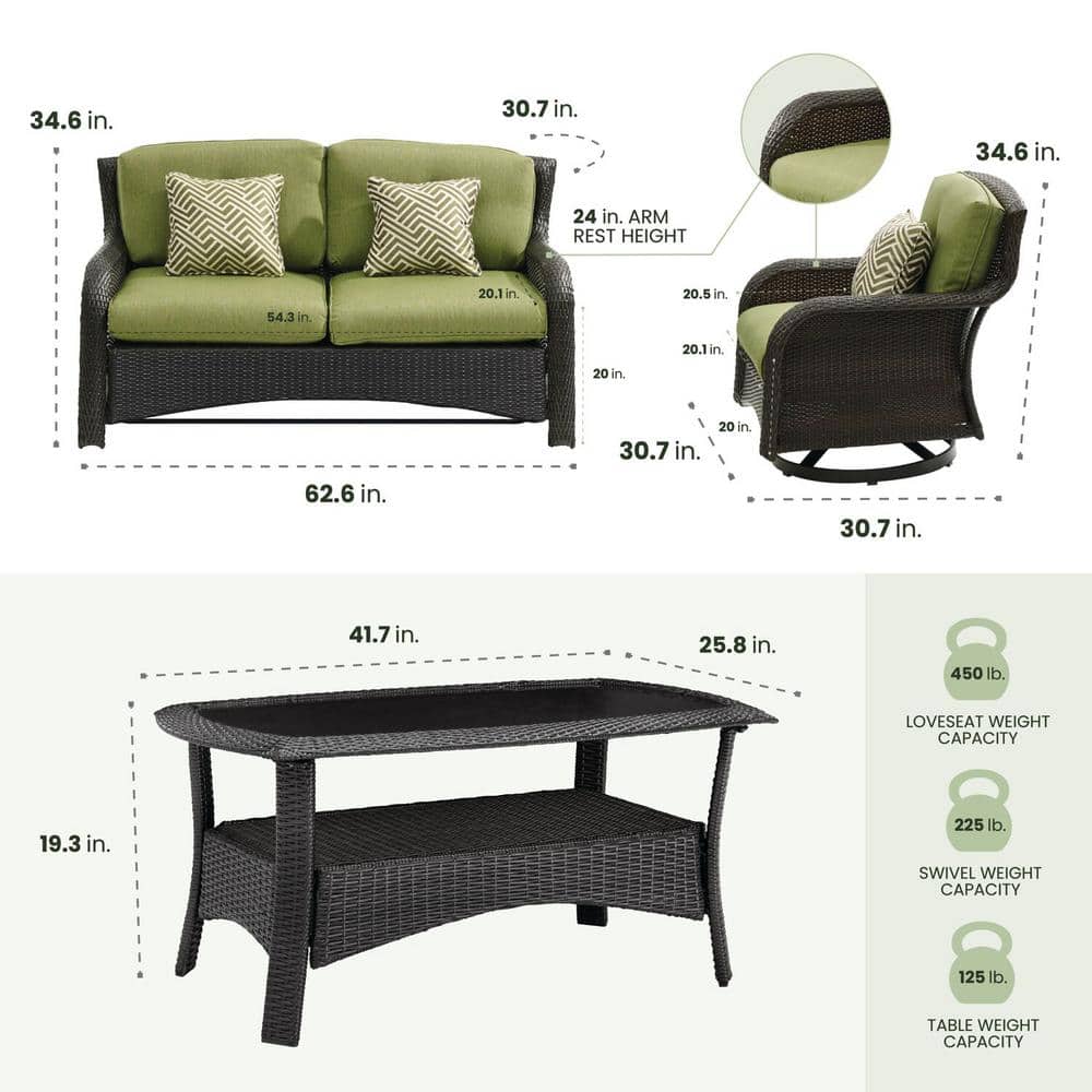 Strathmere 4-Piece Brown Wicker Outdoor Conversation Set with Green Cushions