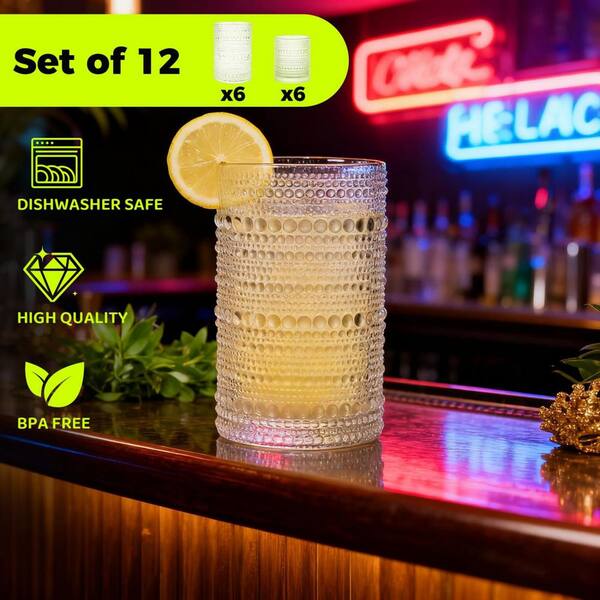 Wudkey Hobnail Drinking Glasses Set of 12, Includes 12 oz. and 10 oz. Tumbler Glassware Set for Whiskey Beer Cocktail Juice