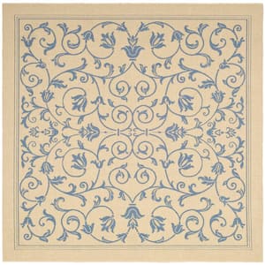 Courtyard Natural/Blue 7 ft. x 7 ft. Square Border Indoor/Outdoor Patio  Area Rug