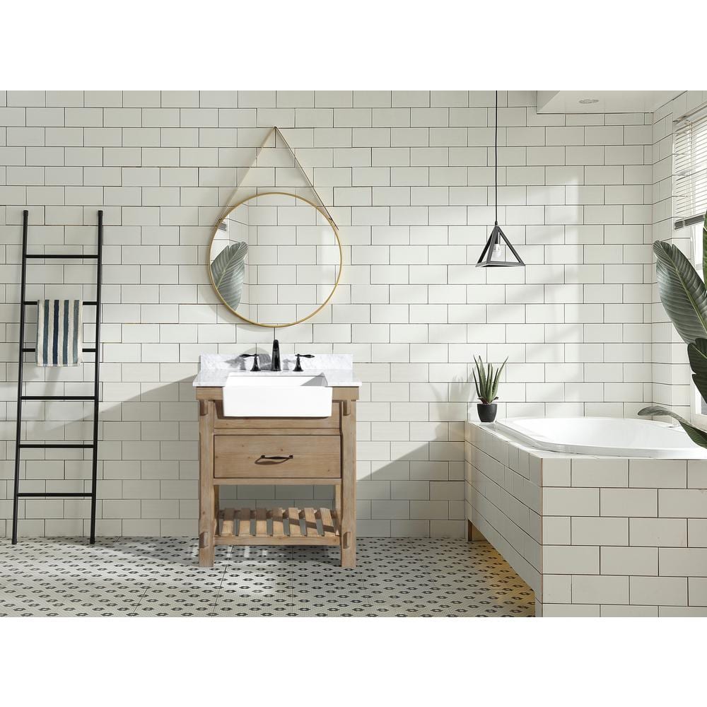 Marina Weathered Fir and Carrara Marble Farmhouse Bathroom Vanity