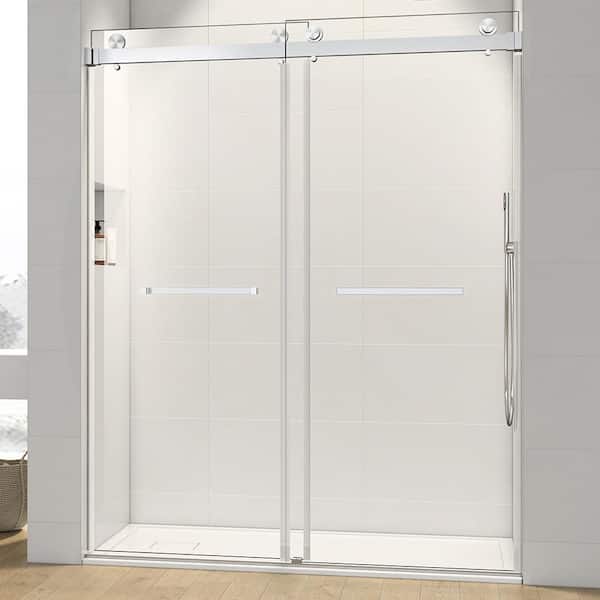 TOOLKISS 72 in. W x 76 in. H Sliding Frameless Shower Door in Brushed Nickel with Clear Glass