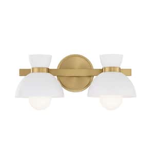 Meridian 16.50 in. 2-Light Natural Brass Vanity Light with White Metal Shades