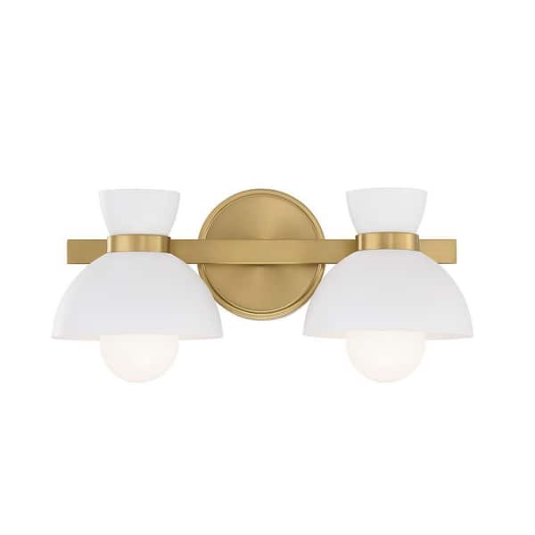 TUXEDO PARK LIGHTING 16.5 in. 2-Light Natural Brass Vanity Light with White Metal Shades