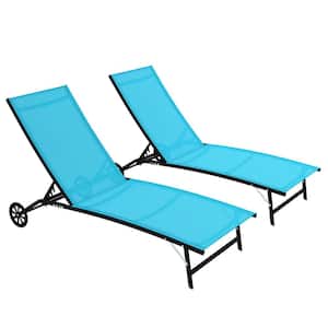 2-Piece Black Metal Blue Fabric Outdoor Chaise Lounge Wheels Tanning Chair and 5 Adjustable Positions for Garden