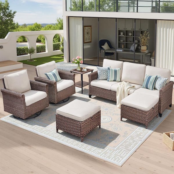 5-Piece Wicker Patio Conversation Set with Beige Cushions