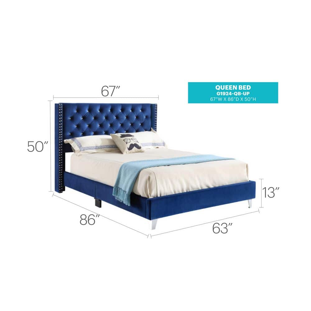 Navy Blue Velvet Tufted Upholstered Queen Bed with Nailhead Trim