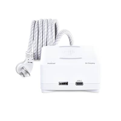 5 ft. 2-Outlet Surge Protector with Qi Charger, Power Cord, 1 USB-A, 1 USB-C PD