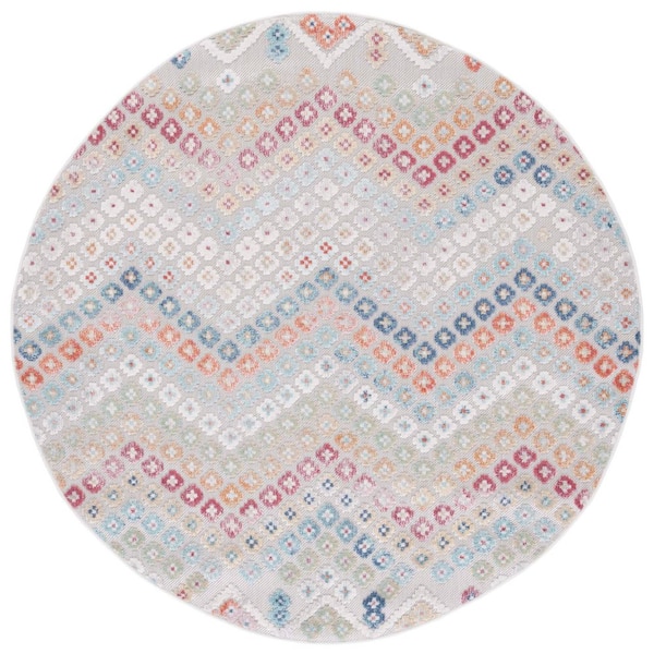 Cabana Rust/Blue/Ivory 7 ft. x 7 ft. High-Low Zig-Zag Indoor/Outdoor Round Area Rug