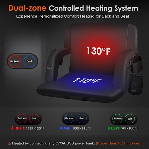 2-Piece Black 21 in. W Portable Heated Stadium Seats Bleachers with Padded Backrest, USB 3 Levels of Heat and 5 Pockets