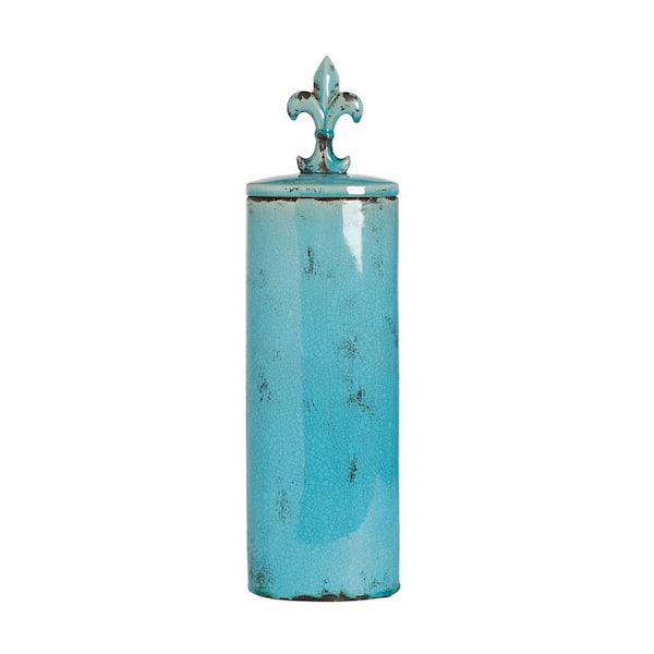 A & B Home Cora Distressed Turquoise Tall Oval Jar with Fleurdelis Finial