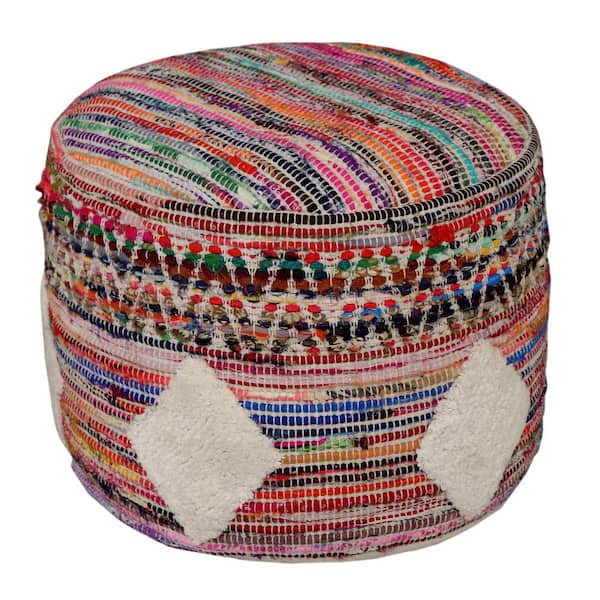 LR Home Nora Multicolored Geometric Hand-Woven Cotton Blend Ottoman Pouf